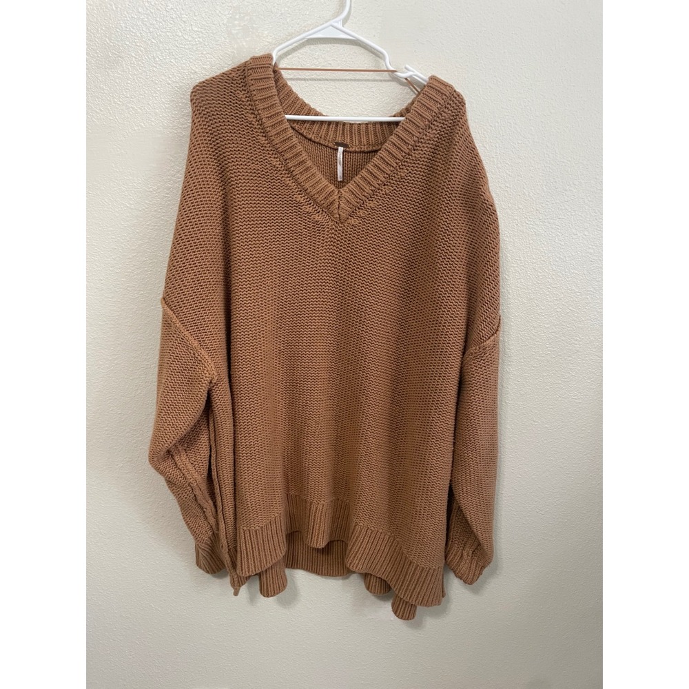 Free People V-Neck Sweater Womens XL Brown Excellent Oversized Knit OB1626643